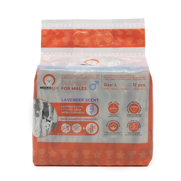MISOKO Одноразові підгузки для кобелів з вугіллям, індикатором вологості та ароматом лаванди (цуценята), L - 1