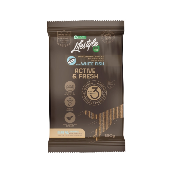 Nature's Protection Lifestyle Grain Free White fish Active &amp; Fresh Беззернові ласощі для юніорів з білою рибою, 150 г