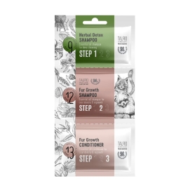 Tauro Pro Line Pure Nature Herbal Detox + Fur Growth sample set 1 x 6 ml, 1 x 8 ml, 1 x 4 ml, dog and cat coat shampoo and conditioner sample set