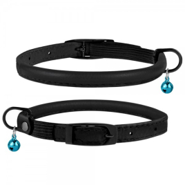 Barksi Premium Нашийник шкіряний круглий з резинкою і дзвіночком для котів чорний