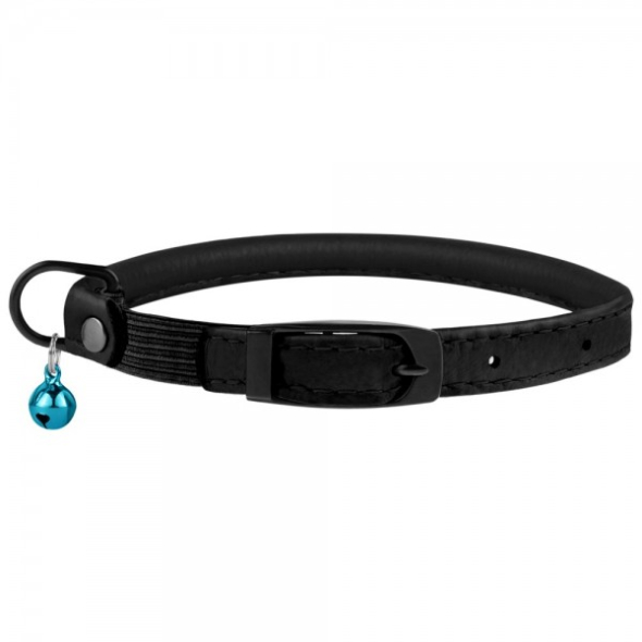 Barksi Premium Нашийник шкіряний круглий з резинкою і дзвіночком для котів чорний - 1