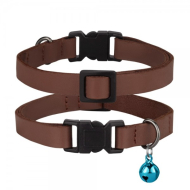 Нашийник шкіряний плоский BARKSI Crazy для котів з блакитним дзвіночком коньяк, розмір XS
