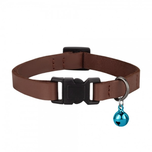 Нашийник шкіряний плоский BARKSI Crazy для котів з блакитним дзвіночком коньяк, розмір XS - 1