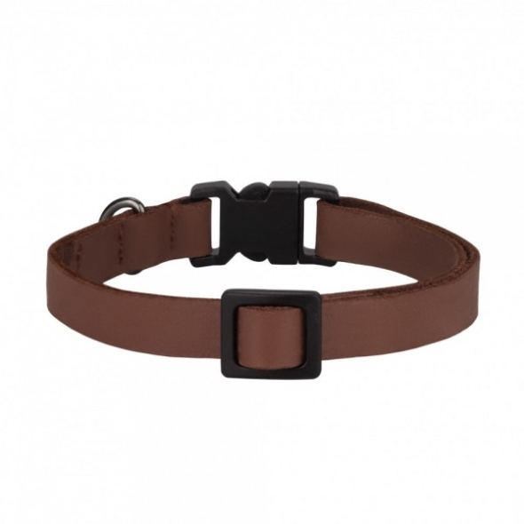 Нашийник шкіряний плоский BARKSI Crazy для котів з блакитним дзвіночком коньяк, розмір XS - 2