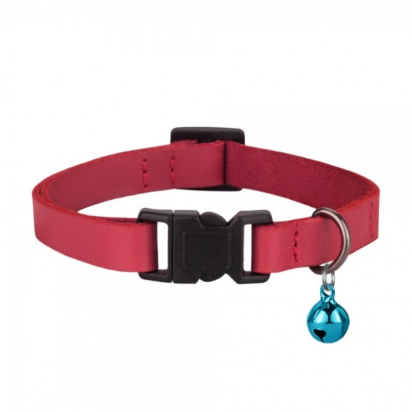 Нашийник шкіряний плоский BARKSI Crazy для котів з блакитним дзвіночком рожевий, розмір XS - 1