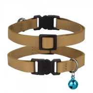 Нашийник шкіряний плоский BARKSI Crazy для котів з блакитним дзвіночком гірчиця, розмір XS