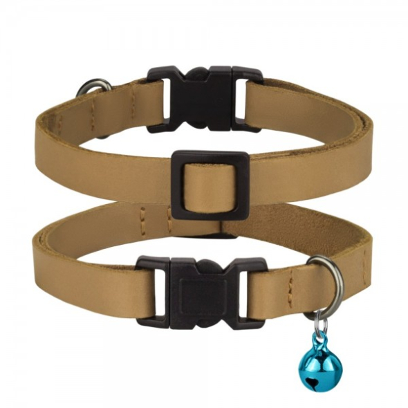 Нашийник шкіряний плоский BARKSI Crazy для котів з блакитним дзвіночком гірчиця, розмір XS