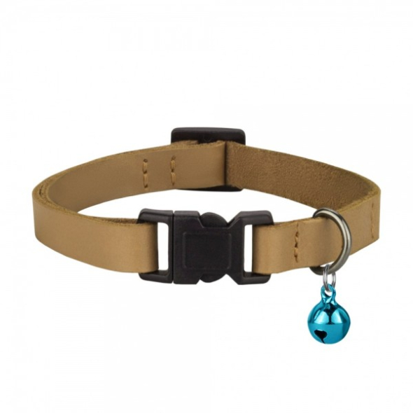 Нашийник шкіряний плоский BARKSI Crazy для котів з блакитним дзвіночком гірчиця, розмір XS - 1