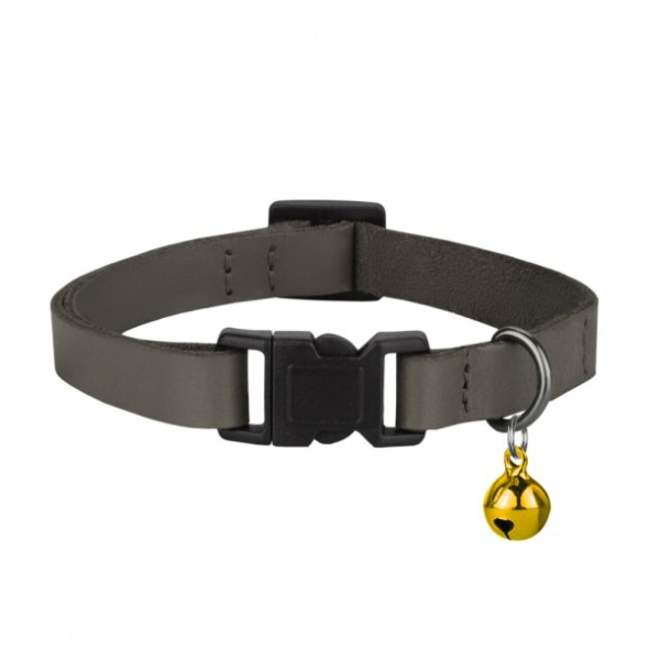 Нашийник шкіряний плоский BARKSI Crazy для котів з золотим дзвіночком графіт, розмір XS - 1