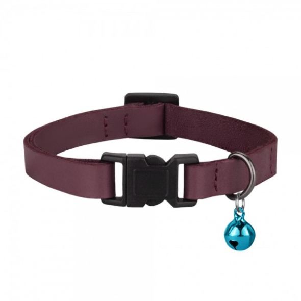 Нашийник шкіряний плоский BARKSI Crazy для котів з блакитним дзвіночком бордо, розмір XS - 1