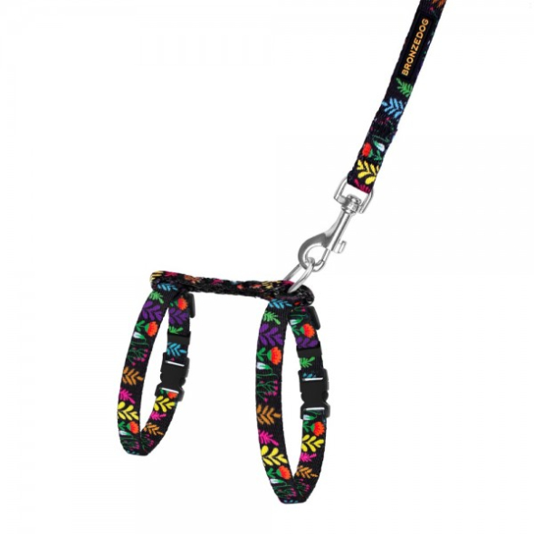 Barksi Urban Шлея з повідцем для котів і дрібних собак Квіти з нашивкою, чорна, розмір 2ХS