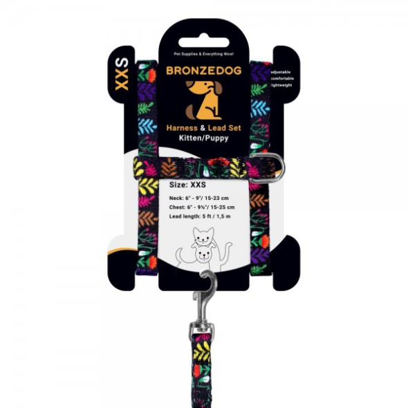 Barksi Urban Шлея з повідцем для котів і дрібних собак Квіти з нашивкою, чорна, розмір 2ХS - 2