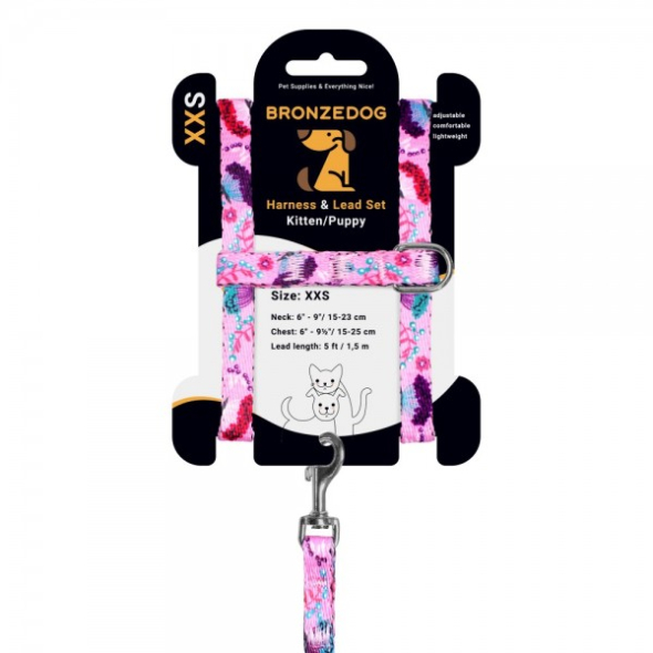 Barksi Urban Шлея з повідцем для котів і дрібних собак Квіти з нашивкою, рожева, розмір ХS - 2