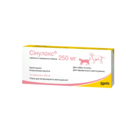 Zoetis Synulox Сінулокс Антибіотик  для лікування інфекційних захворювань бактеріального походження у кішок та собак 250 мг