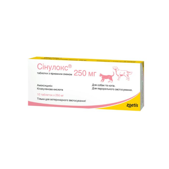 Zoetis Synulox Сінулокс Антибіотик  для лікування інфекційних захворювань бактеріального походження у кішок та собак 250 мг