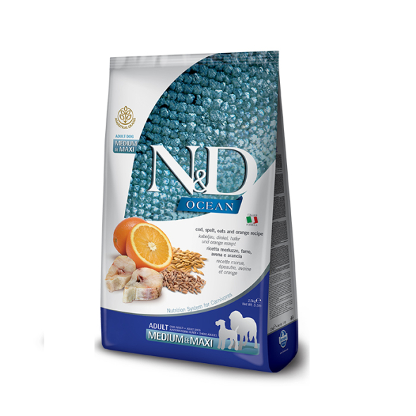 Farmina N&amp;D Ocean Cod Spelt, Oats&amp;Orange Adult Medium Maxi Сухий корм з тріскою, спельтою, вівсом і апельсином для собак середніх і великих порід, 2,5 кг