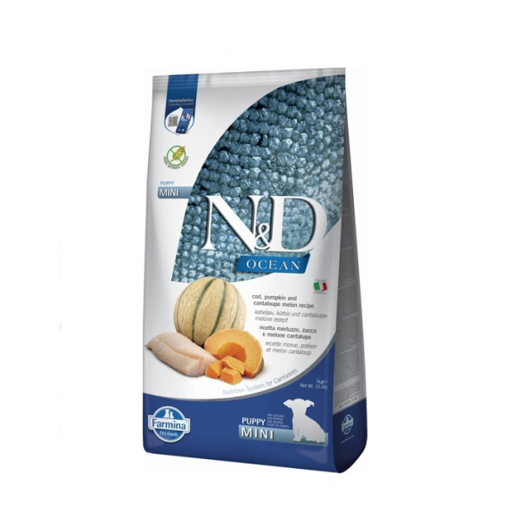 Farmina N&amp;D Ocean Cod Pumpkin&amp;Cantaloupe Melon Puppy Mini Беззерновий сухий корм з тріскою, гарбузом і динею для цуценят малих порід, 7 кг