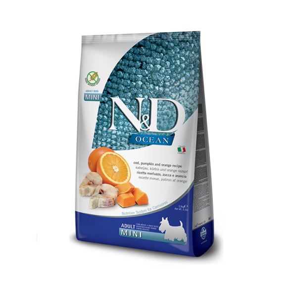 Farmina N&amp;D Ocean Cod Pumpkin&amp;Orange Adult Mini Беззерновий сухий корм з тріскою, гарбузом і апельсином для собак малих порід, 2,5 кг