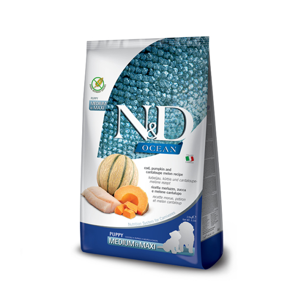 Farmina N&amp;D Ocean Cod Pumpkin&amp;Cantaloupe Melon Puppy Medium&amp;Maxi Беззерновий сухий корм з тріскою, гарбузом і динею для цуценят середніх і великих порід, 2,5 кг