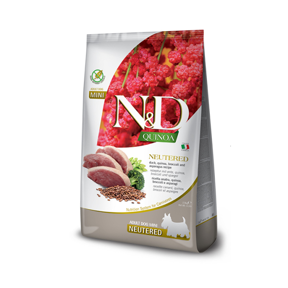 Farmina N&amp;D Quinoa Duck Broccoli&amp;Asparagus Adult Mini Neutered Сухий корм з качкою і кіноа для стерилізованих собак дрібних порід, 2,5 кг