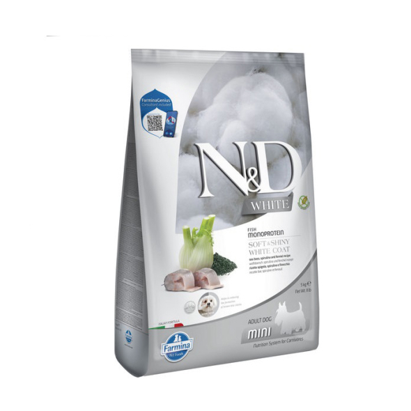 Farmina N&amp;D White Sea Bass Spirulina&amp;Fennel Adult Mini Беззерновий сухий корм з сібасом, спіруліною і фенхелем для собак малих порід з білою шерстю, 5 кг