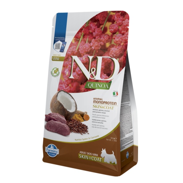 Farmina N&amp;D Quinoa Venison&amp;Coconut Adult Mini Skin&amp;Coat Сухий корм з олениною, кіноа, кокосом і куркумою для собак малих порід, 800 г