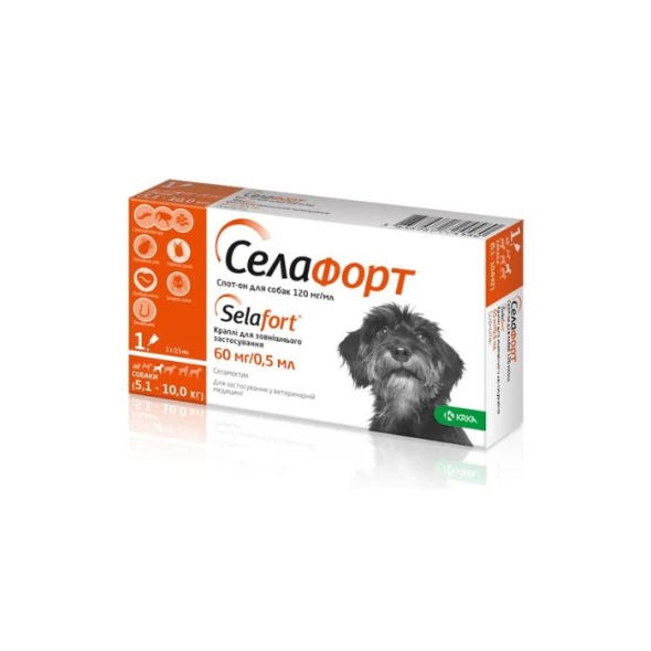 Селафорт Спот-он Краплі від бліх, кліщів і глистів для собак вагою від 5,1 до 10 кг, 60 мг/0,5 мл, 1 піпетка