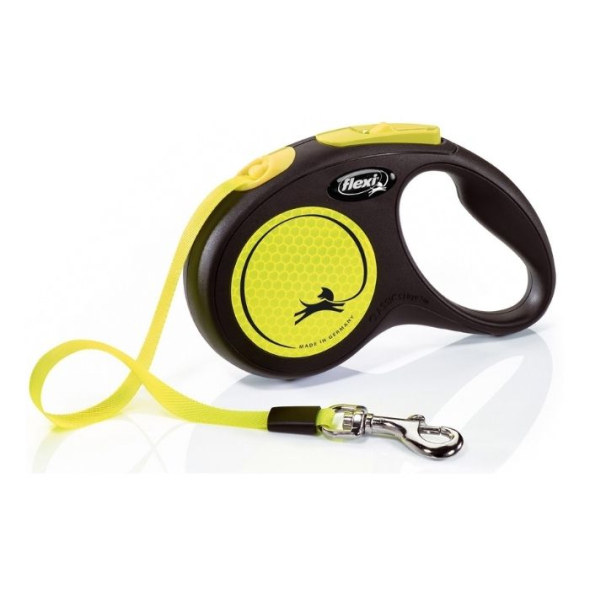 Flexi New Neon S Повідець-рулетка світловідбивна для собак до 15 кг, стрічка, 5 м, жовта