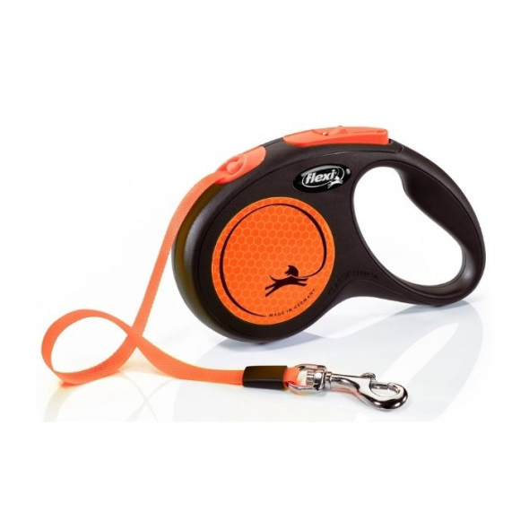 Flexi New Neon S Повідець-рулетка світловідбивна для собак до 15 кг, стрічка, 5 м, помаранчева