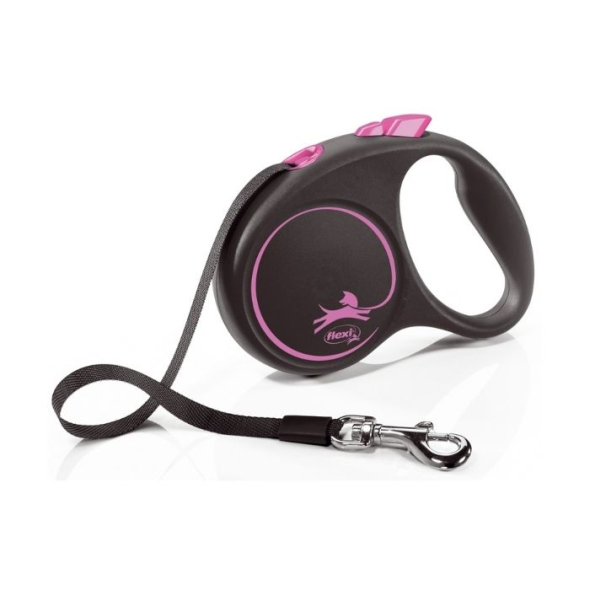Flexi Black Design S Повідець-рулетка для собак вагою до 15 кг, стрічка, 5 м, рожева