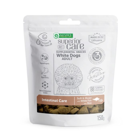Nature's Protection Superior Care White Dogs Intestinal Care Ласощі для дорослих собак із білим забарвленням з білою рибою та рисом, 150 г