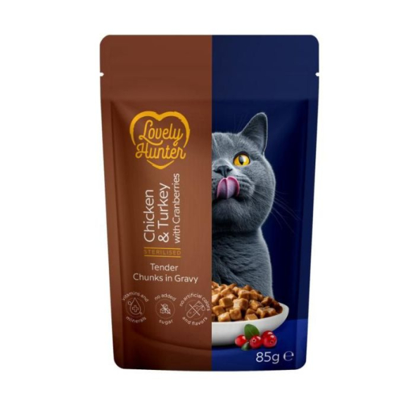 Lovely Hunter Sterilised Adult Cats with Chicken, Turkey and Cranberries Вологий корм для стерилізованих котів з куркою, індичкою і журавлиною, 85 г
