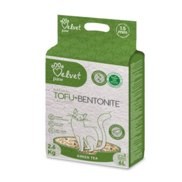 VELVET PAW TOFU Наповнювач для котячих туалетів з бентонітом та екстрактом зеленого чаю, гранули 1,5 мм, 6 л/2,6 кг