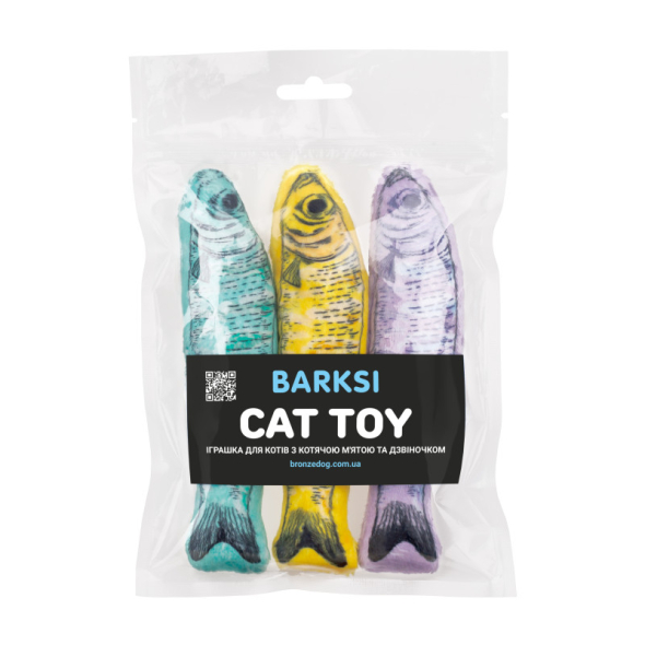 Barksi Іграшка для котів рибки-шпроти з котячою м'ятою та дзвіночком, 3 шт, 16,5 см - 6