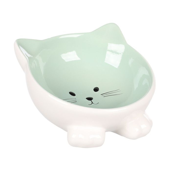 Flamingo Puzi GREEN Керамічна миска для котів у вигляді кота, зелено-біла, 125 мл