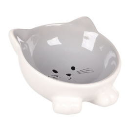 Flamingo Puzi GREY Керамічна миска для котів у вигляді кота, сіро-біла, 125 мл
