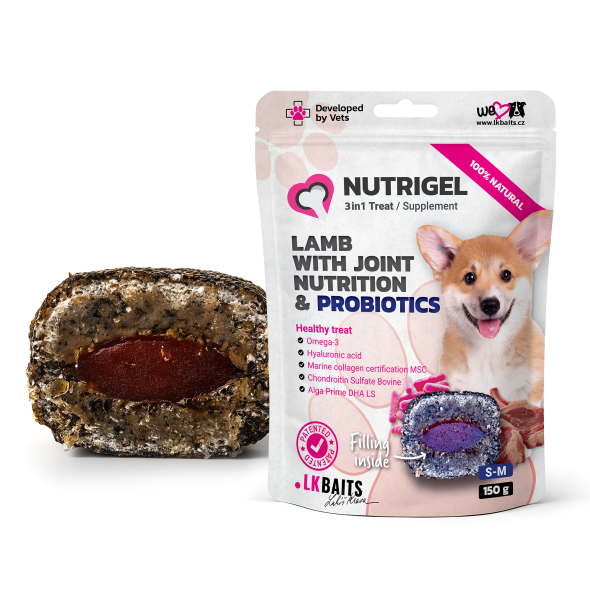 LK Baits Pet Nutrigel Lamb S-M Функціональні ласощі для собак для суглобів з ягням і пробіотиками (Ø 15 мм), 150 г