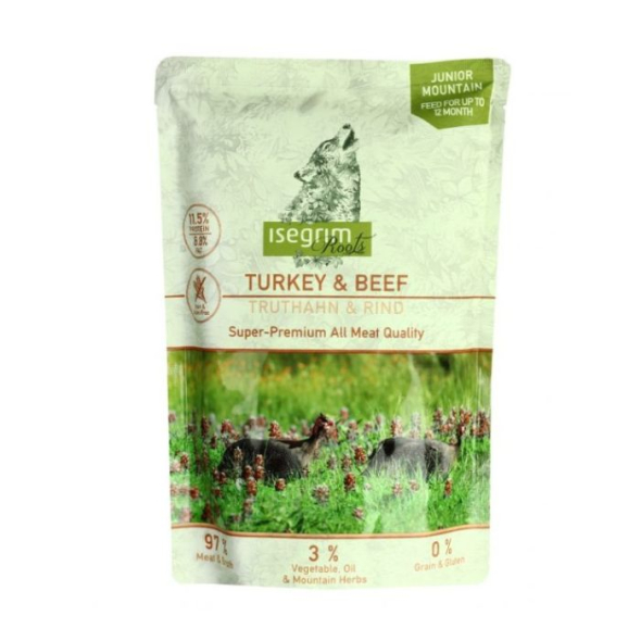 Isegrim Pouch Roots Junior Turkey &amp; Beef Вологий корм для цуценят індичка та яловичина з бататом, лососевою олією і травами, 410 г