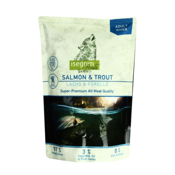 Isegrim Pouch Roots Salmon &amp; Trout Вологий корм для собак лосось та форель з топінамбуром, сафлоровою олією і травами, 410 г