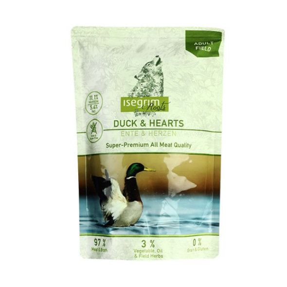 Isegrim Pouch Roots Duck &amp; Hearts Вологий корм для собак качка з сердечками, овочами, лляною олією і травами, 410 г