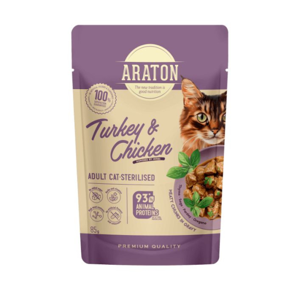 ARATON Sterilised Adult with Turkey and Chicken Вологий корм для стерилізованих котів з індичкою і куркою, 85 г