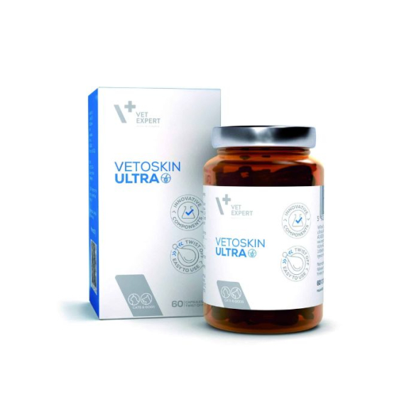 Vet Expert VetoSkin Ultra (Ветоскін) Посилина нутрицевтична добавка для комплексної підтримки і регенерації шкіри і шерсті у котів і собак з дерматологічними порушеннями, 60 капсул