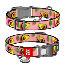 WAUDOG Нашийник для собак нейлоновий з QR паспортом, "Авокадо на рожевому", пластиковий фастекс, L, ширина 25 мм, довжина 33-49 см