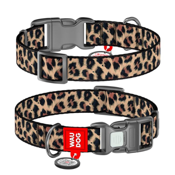 WAUDOG Нашийник для собак нейлоновий з QR паспортом, "Леопард", пластиковий фастекс, М, ширина 20 мм, довжина 28-40 см