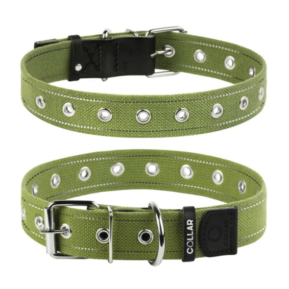 Collar Нашийник для собак бавовняна тасьма брезент одинарний, L, ширина 35 мм, довжина 63 см, зелений