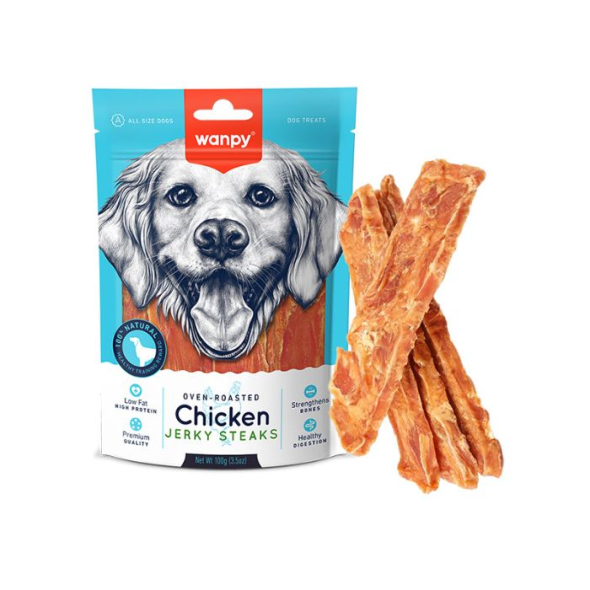 Wanpy Chicken Jerky Steaks Смужки в’яленого курячого філе для собак, 100 г