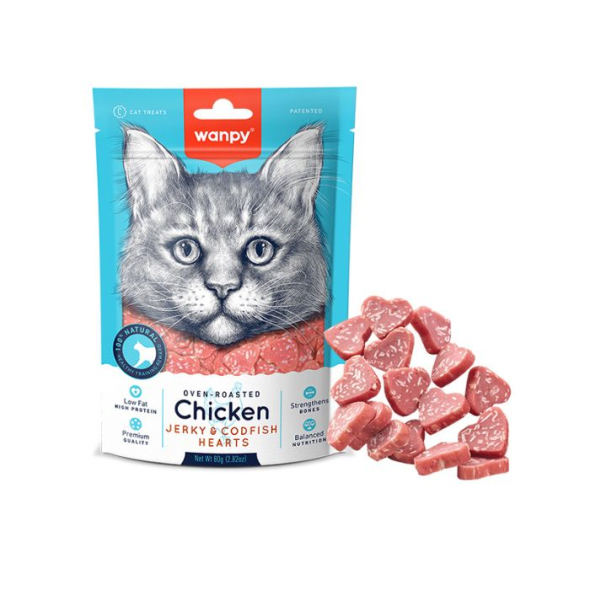 Wanpy Chicken Jerky &amp; Codfish Hearts Сердечка з куркою та тріскою для котів, 80 г