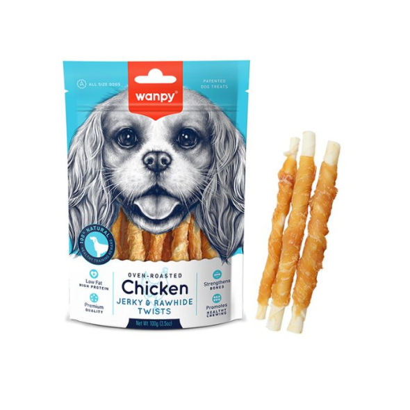 Wanpy Chicken Jerky &amp; Rawhide Twists Палички з в’яленою куркою для собак, 100 г