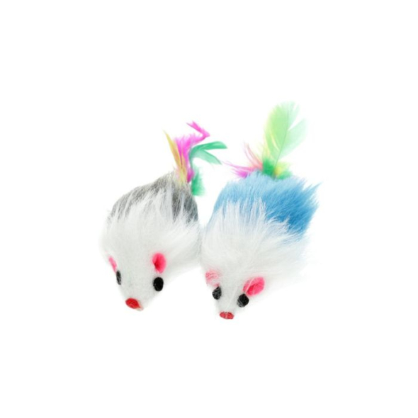 HIPPIE PET Іграшка для котів Мишки з пір'ям пухнасті різнокольорові 9 см, 2 шт