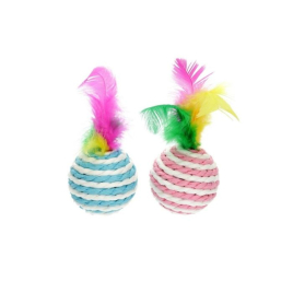 HIPPIE PET Набір іграшок для котів М'ячики з мотузки з пір'ям різнокольорові 4,5 см, 2 шт